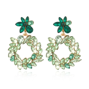Green Rhinestone Flower Wreath Dangle Earrings Vintage Alloy Exaggerated Vacation Jewelry For Women