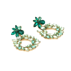Vintage gold-plated floral hoop earrings featuring gradient green crystals and rhinestones