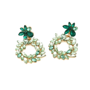 Vintage gold-tone floral drop earrings with tiered green and clear crystal embellishments