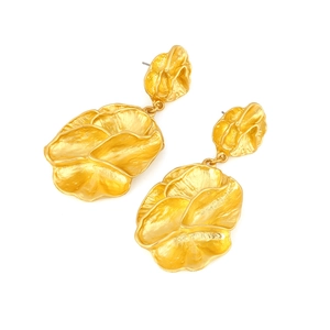 Exaggerated golden flower petal drop earrings with realistic textured metal finish