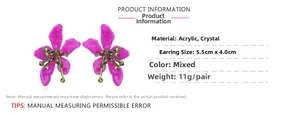 Detail of pink acrylic flower earrings with mixed crystal bead core and handmade weave