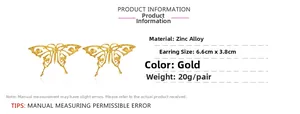 Detail specifications for gold butterfly earrings showing zinc alloy material and 6.6cm size