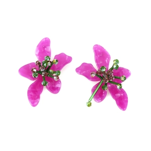 Handcrafted magenta acrylic flower earrings with intricate green and brown beaded centers
