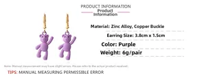 Detail view of purple teddy bear earrings with gold hooks and specific dimension specs