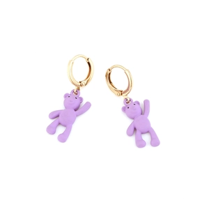Chic purple resin bear charm earrings with golden hoops on a clean white background