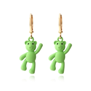 Cute green teddy bear earrings with gold alloy hoops in a minimalist creative fashion design