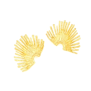 Vintage golden fan-shaped leaf earrings with textured metallic radial design on white