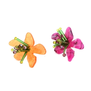 Vibrant acrylic flower earrings in orange and magenta with detailed green beaded stamens