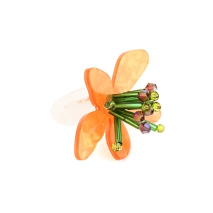 Artistic acrylic flower ring with orange petals and green glass bead center accents