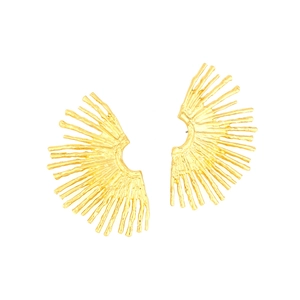 Macro view of golden fan-shaped leaf earrings with vintage textured alloy finish