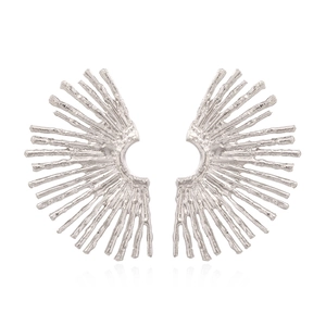 Detailed view of silver fan-shaped leaf earrings with textured coral-like branches