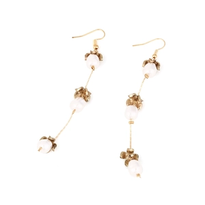 Vintage long pearl drop earrings with gold floral caps and hook findings for women