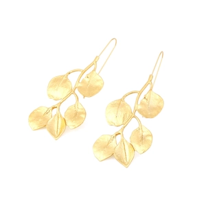 Vintage long gold leaf earrings with intricate vein textures and matte finish for women
