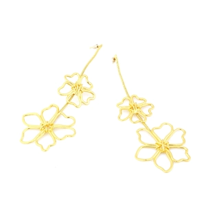 Golden woven wire floral drop earrings featuring dual hollow five-petal flower design