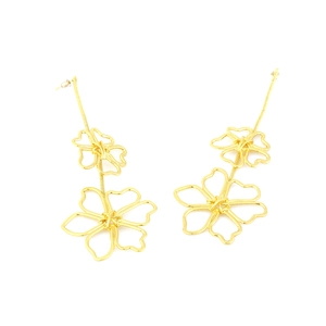 Elegant gold-tone long drop earrings with openwork flower motifs and fine snake chains