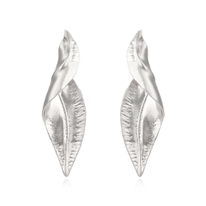 Minimalist silver leaf earrings with textured twisted metal design on white background