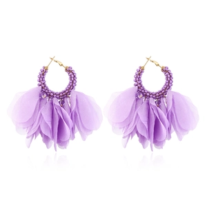 Bohemian purple beaded hoop earrings with layered chiffon petals and golden hooks