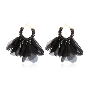 Bohemian black chiffon flower drop earrings with handmade beaded hoops and gold hooks