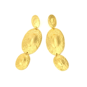 Statement gold hammered metal drop earrings featuring triple oval textured dangles