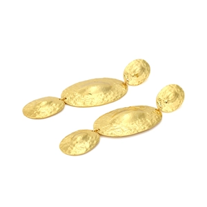 Vintage heavy metal textured gold earrings with three-tier hammered oval drop design