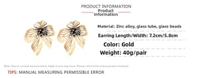 Detailed size view of gold beaded flower earrings with 7.2cm x 5.8cm dimensions