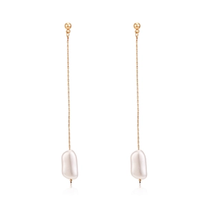 Long Tassel Earrings With Baroque Imitation Artificial Pearl Gold Color Copper Chain Geometric Minimalist Elegant Style For Women