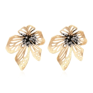 Exaggerated Hollow Flower Drop Earrings Alloy Rhinestone Handmade Vintage Floral Jewelry For Women
