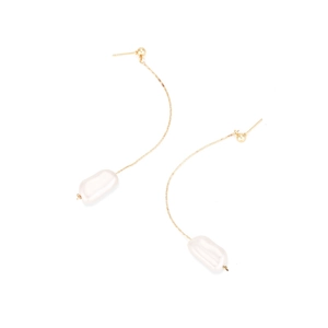 Elegant gold drop earrings featuring baroque pearls and long delicate tassels on white background