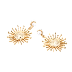 Golden sunburst drop earrings with faux pearls featuring a vintage minimalist design