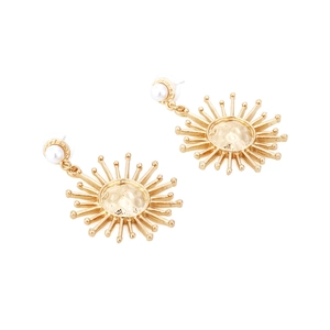 Vintage gold sunflower earrings with pearls and hammered sunburst radiating metal drops