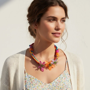 Collier Fleur Tissé À La Main Bohème Pendentif Floral En Résine Acrylique Multicolore Bijoux De Style Vacances Pour Femmes