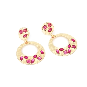 Vintage goldene Reifenohrringe mit Hammerschlag und bunten Strasssteinen für Damen