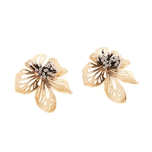 Exaggerated golden bead flower earrings with layered hollow petals and rhinestone centers