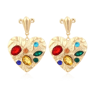 Vintage Heart Drop Earrings Zinc Alloy Hammered Metal Rhinestone Exaggerated Bohemian Style Jewelry For Women Elegant