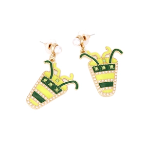 Pop art style striped earrings with colorful enamel and inlaid pearls in a milk tea cup shape