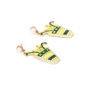 Golden milk tea cup earrings with green enamel and pearls for a sweet aesthetic