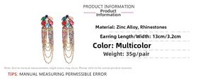 Macro view of colorful rhinestone tassel earrings with 13cm length details