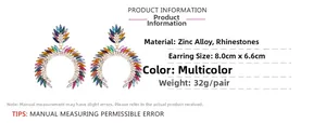 Detailed size chart for large C-shaped rhinestone earrings with colorful zinc alloy design