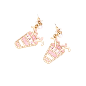 Pink and white enamel tea cup drop earrings with gold finish and pearls for women