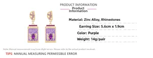 Detailed view of purple beer can earrings with rhinestones measuring 5.6cm by 1.9cm