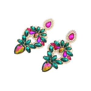 Boucles d'oreilles géométriques de luxe avec cristaux verts et magenta et dorure