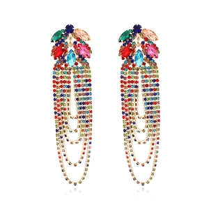 Macro view of colorful rhinestone tassel earrings with multi-layer crystal fringe details