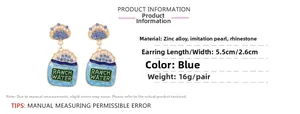 Boucles d'oreilles bouteille Ranch Water bleue avec perles et strass, taille 5,5cm