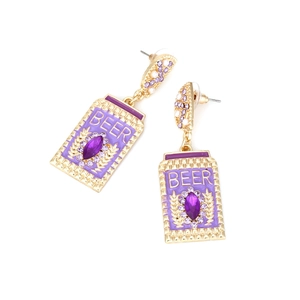Luxurious purple beer bottle earrings with crystals and pearls in gold finish