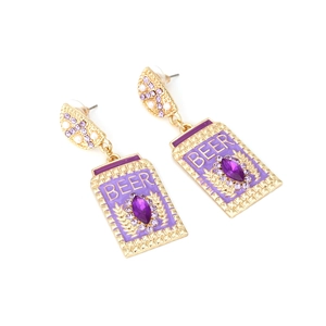 Macro detail of creative beer can drop earrings with purple crystals and gold alloy plating