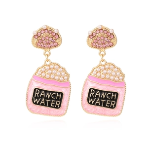 Boucles D'oreilles Pendantes Créatives En Forme De Bouteille Ranch Water Alliage Émail Strass Fausse Künstliche Perle Bijoux Pour Femmes