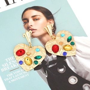Bohemian gold heart earrings with colorful gemstones and textured alloy finish