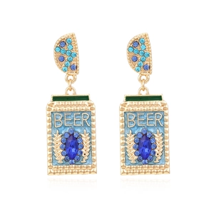 Golden beer bottle earrings with blue rhinestones and citrus fruit detail on white background
