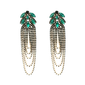 Elegant rhinestone tassel earrings with green marquise stones and black fringe