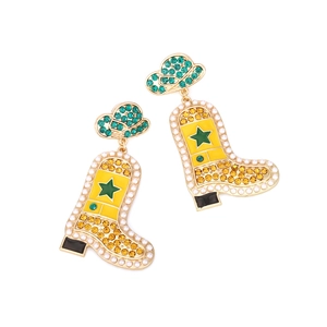 Luxurious cowboy hat and boot drop earrings with pearls, colorful crystals, and enamel